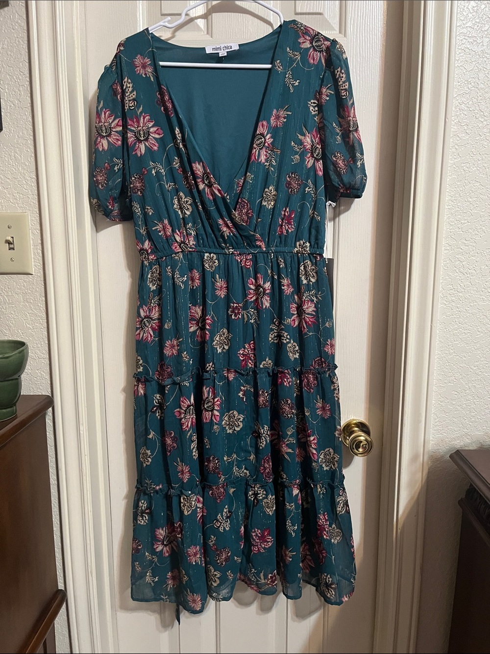 Mimi Chica Teal Floral Tiered Midi Dress Large